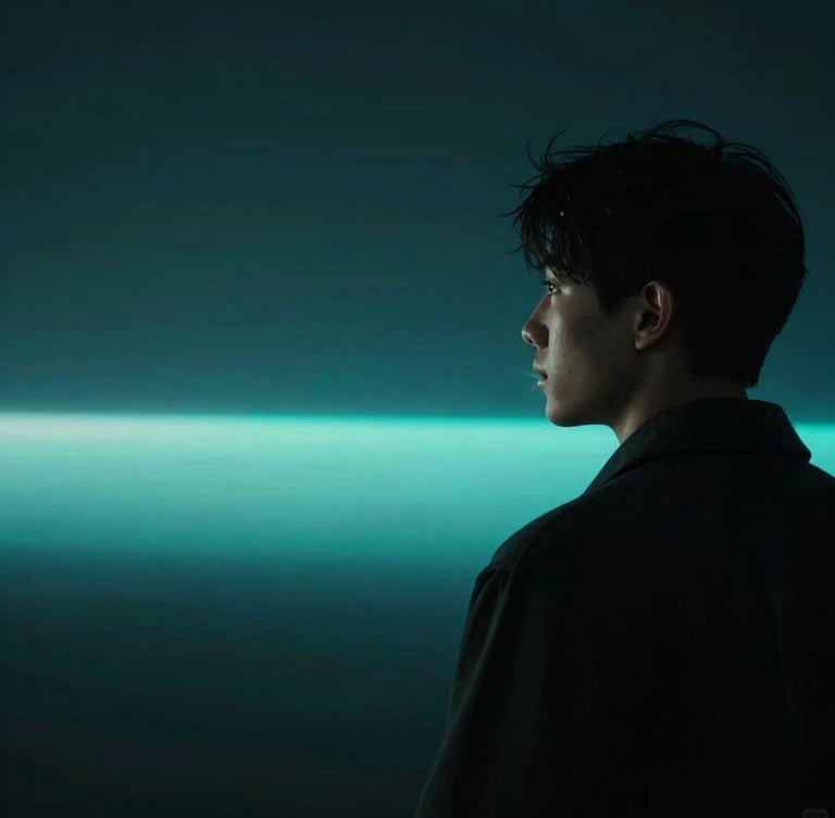 A dramatic low-key cinema still, a single character looking at a neon teal horizon, rich moody atmosphere, anamorphic lens flare, 21:9 aspect ratio feel