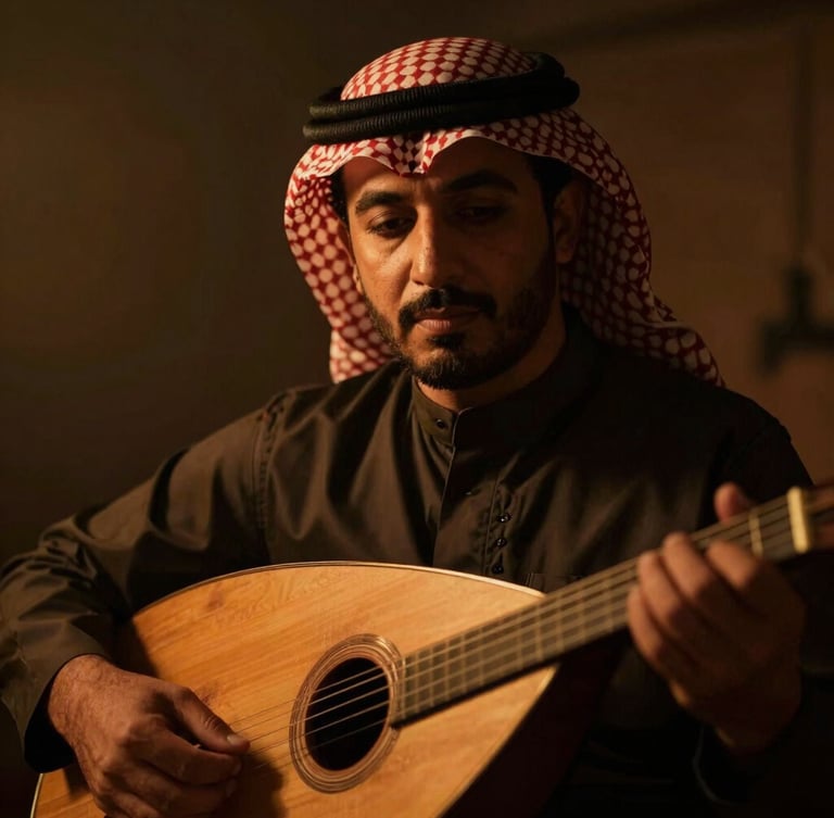 Cinematic close-up portrait of an Arab musician with an oud under dramatic low-key neon amber lighting, rich moody tones, shallow depth of field, high contrast shadows