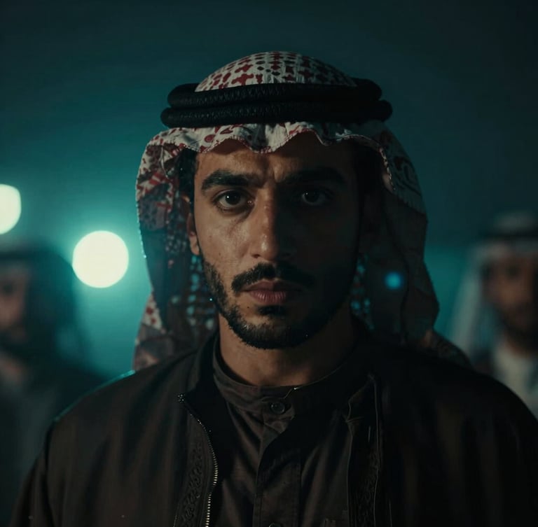 A dramatic cinematic still of an Arabic drama scene, low-key lighting with neon teal backlights, high contrast, anamorphic lens flare, shallow depth of field, focused on an intense face of a protagonist.