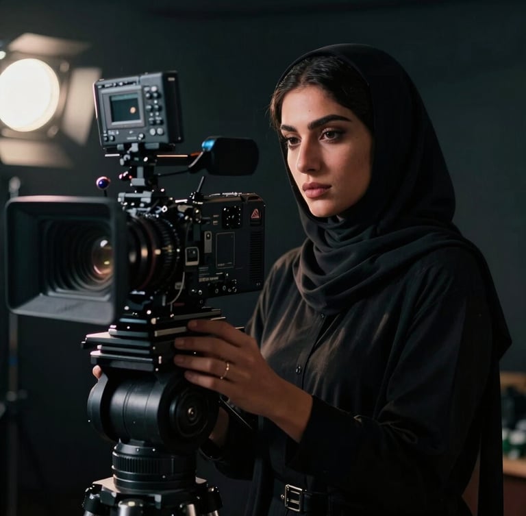 Intimate portrait of a female Arab film director behind a cinematic camera, dramatic high-contrast studio lighting, moody shadows