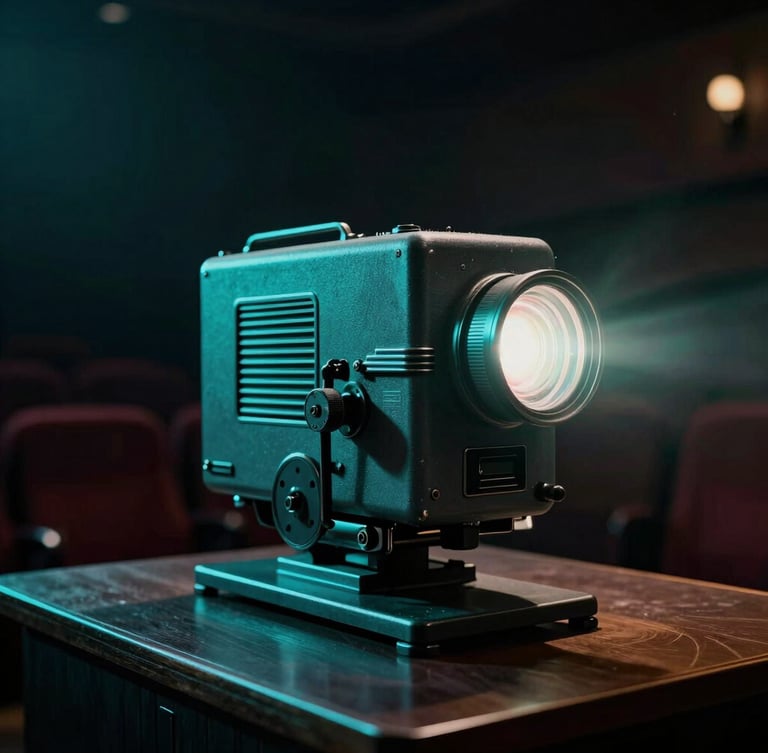 Cinematic wide shot of a restored vintage cinema projector in a dark theater, dramatic teal neon light casting long shadows, anamorphic lens flare