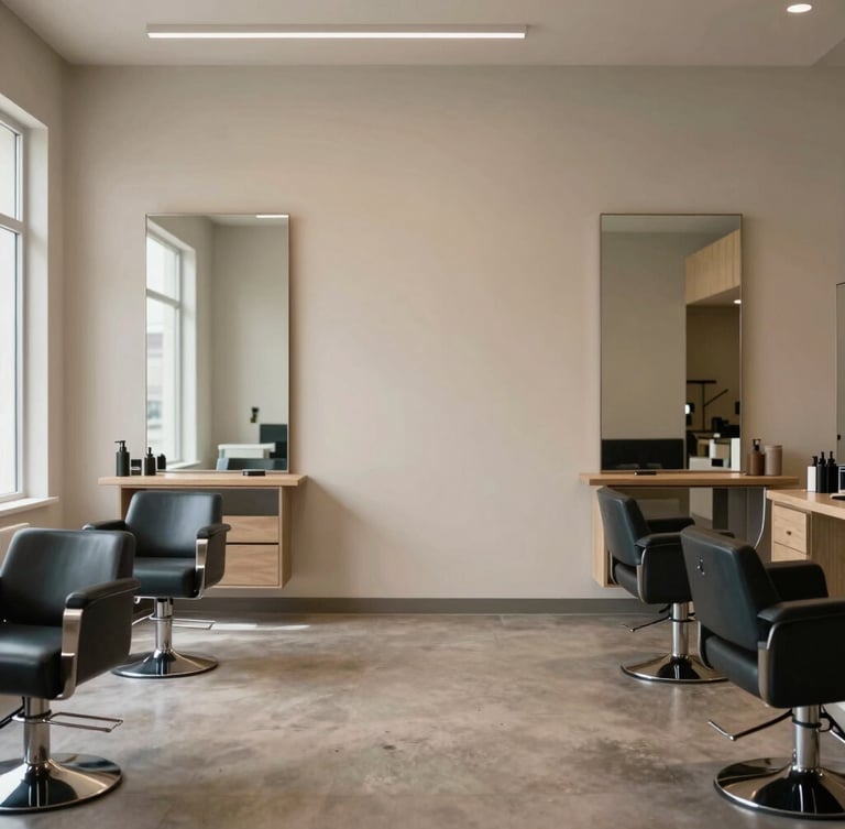 Wide panoramic shot of a minimalist salon interior in Boise with natural light, soft warm taupe tones, uncluttered space, 35mm