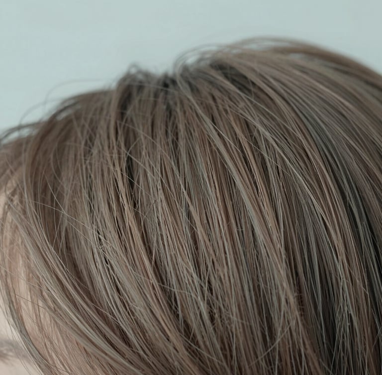 Close-up macro detail of clean, healthy hair strands under soft diffused daylight, shallow depth of field, muted slate blue and warm taupe tones, 35mm photography