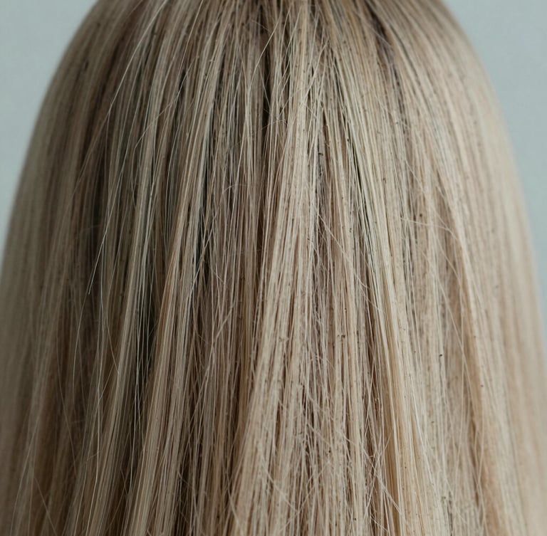 Close-up macro detail of clean, healthy hair texture under soft diffused daylight, muted slate blue and warm taupe tones, shallow depth of field, 35mm