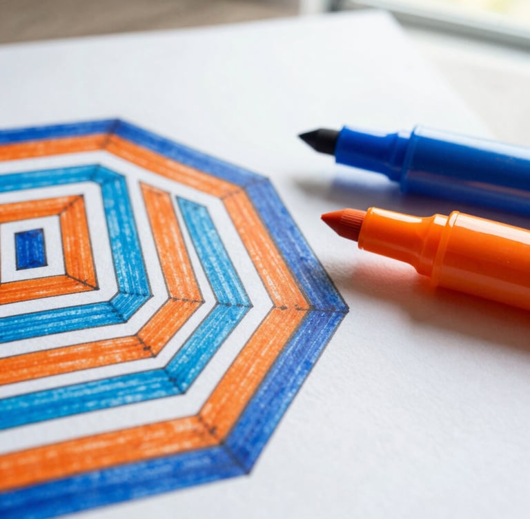 Close-up macro shot of a partially colored intricate geometric page, vibrant orange and blue markers resting on thick textured paper, soft window light.