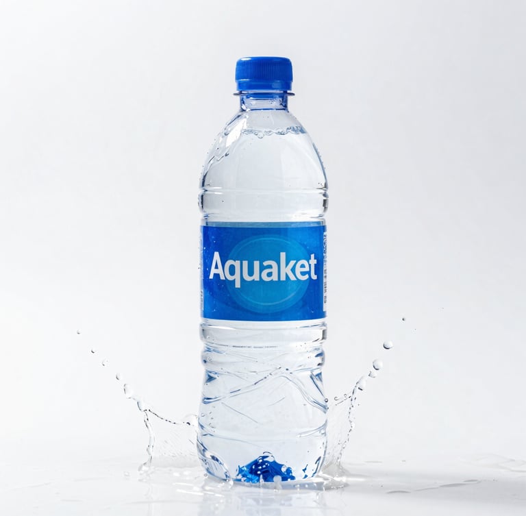 A crisp 20L plastic water bottle with a vibrant blue Aquaket label, placed against a dynamic high-speed macro shot of pure water splashing on a clean white background, high-key studio lighting, sharp focus.