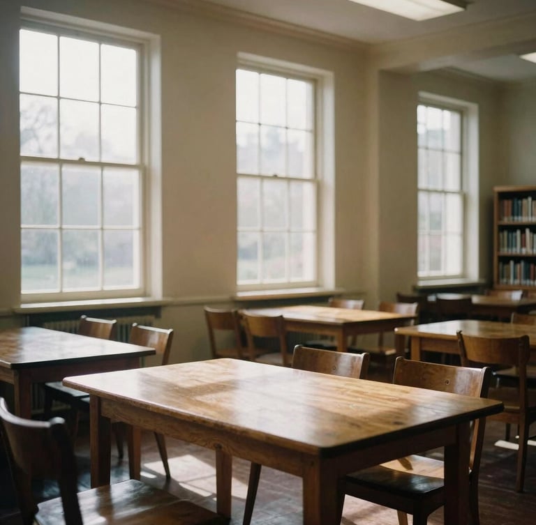 Warm environmental photograph of a quiet community library room, soft natural daylight streaming through tall windows, rich shadows, classic wooden tables, medium format film look.