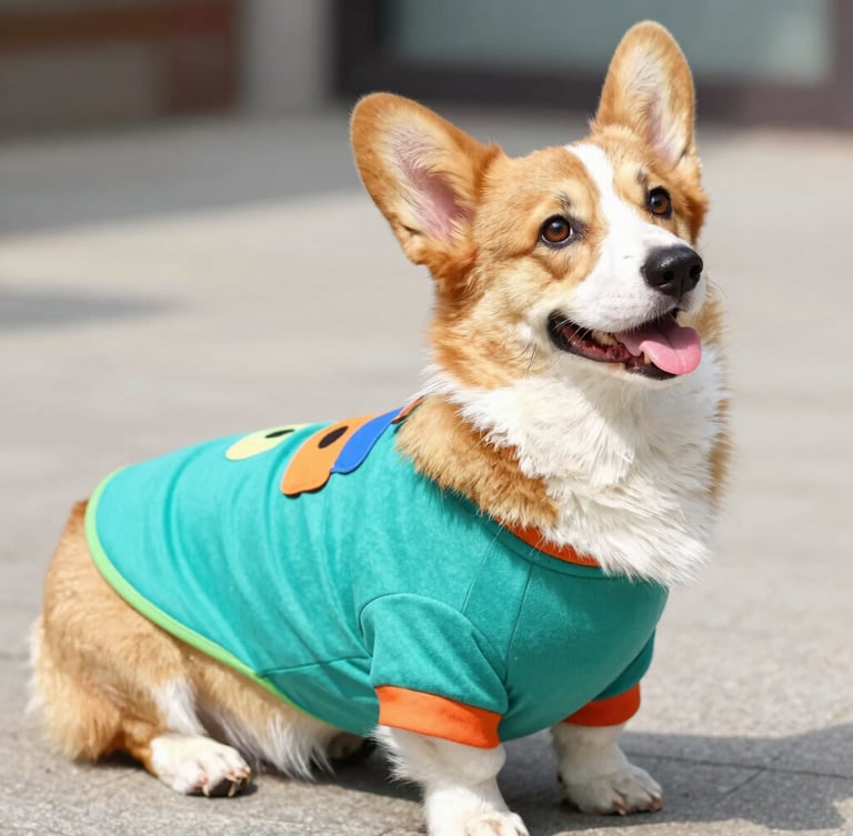 Bright natural daylight photo of a happy Corgi wearing a colorful handmade custom-fit teal shirt, looking back joyfully, eye-level shot