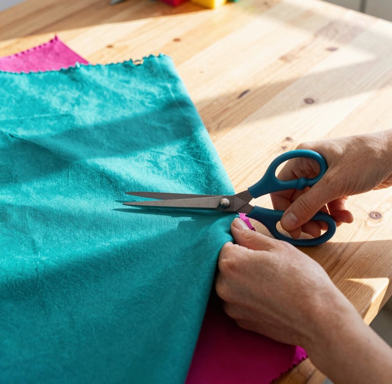 A woman hand-cutting colorful teal and magenta fabrics with scissors on a large wooden workshop table, warm natural sunlight filtering in, close-up details.