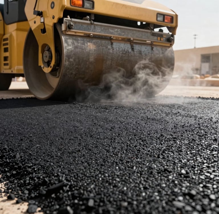 Low-angle close-up of freshly laid textured black asphalt with steam rising, heavy roller compactor wheel visible in the background, industrial construction site, Riyadh, 35mm