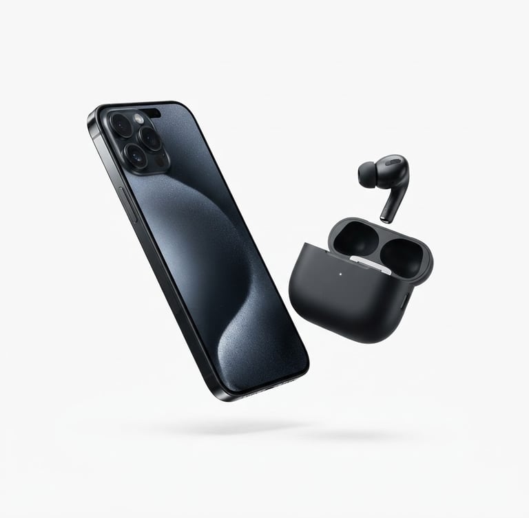Premium smartphone and wireless earbuds floating on a stark white background, high-key studio lighting, clean product photography, sharp focus, minimalist aesthetic.