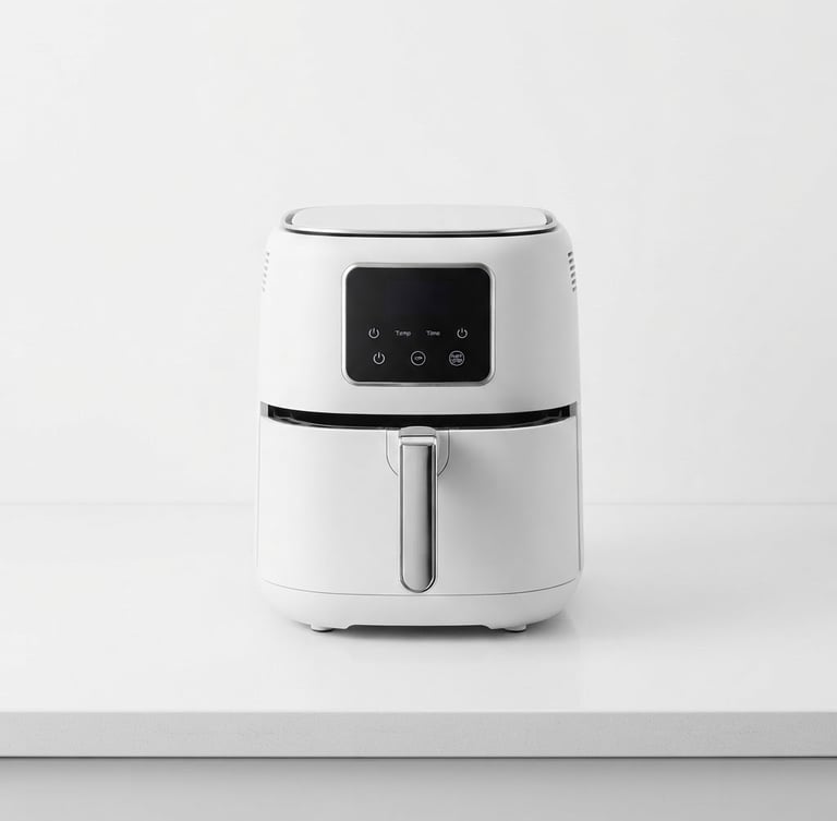 Minimalist modern white air fryer on a clean kitchen counter, bright high-key studio lighting, stark white background, sharp focus, premium aesthetic