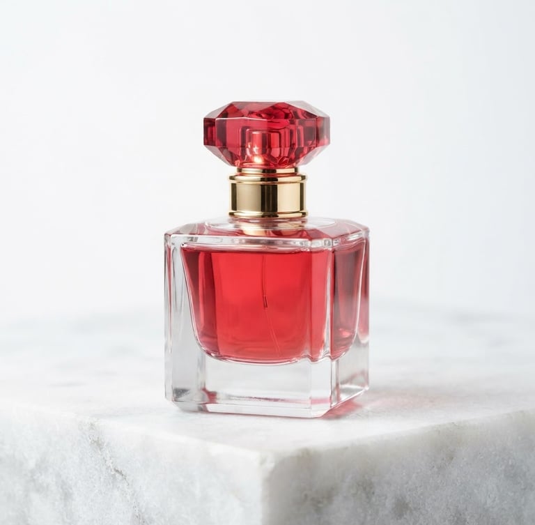 Close-up editorial photography of a luxury glass perfume bottle with crimson accents, resting on a stark white stone platform, high-key bright studio lighting, soft shadows, sharp focus