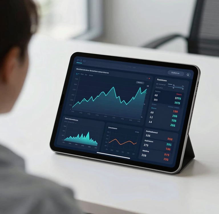 An over-the-shoulder shot of a modern financial dashboard on a tablet screen in a clean corporate environment, bright natural office daylight, cool slate tones, shallow depth of field, 35mm