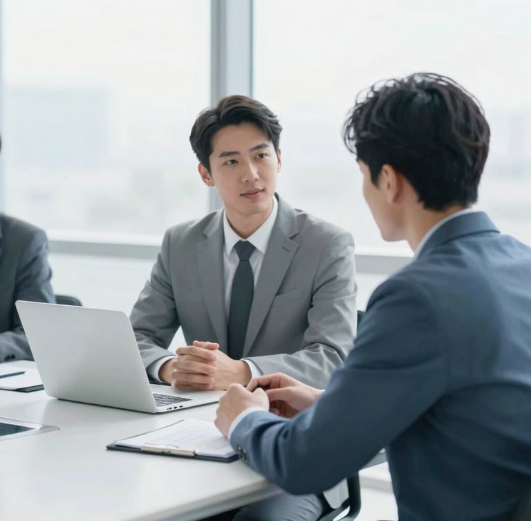 Over-the-shoulder shot of a collaborative business meeting in a bright modern office, clean editorial photography, cool blue and slate tones, shallow depth of field
