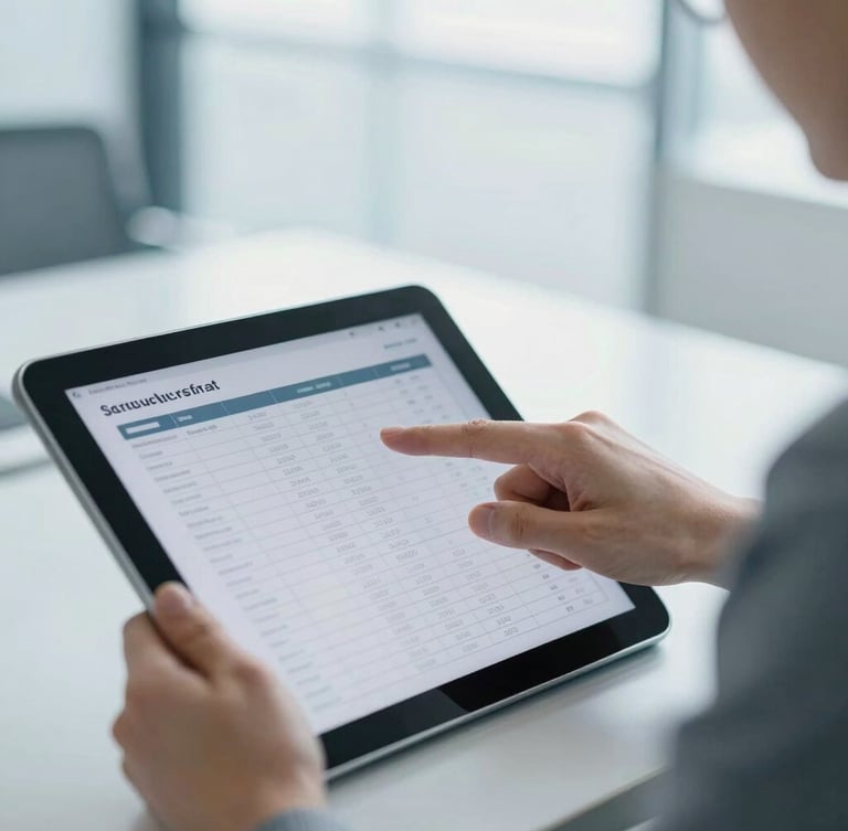 Close-up of professional financial advisor pointing at structured data on a tablet screen, bright natural office daylight, cool slate tones, shallow depth of field, 35mm