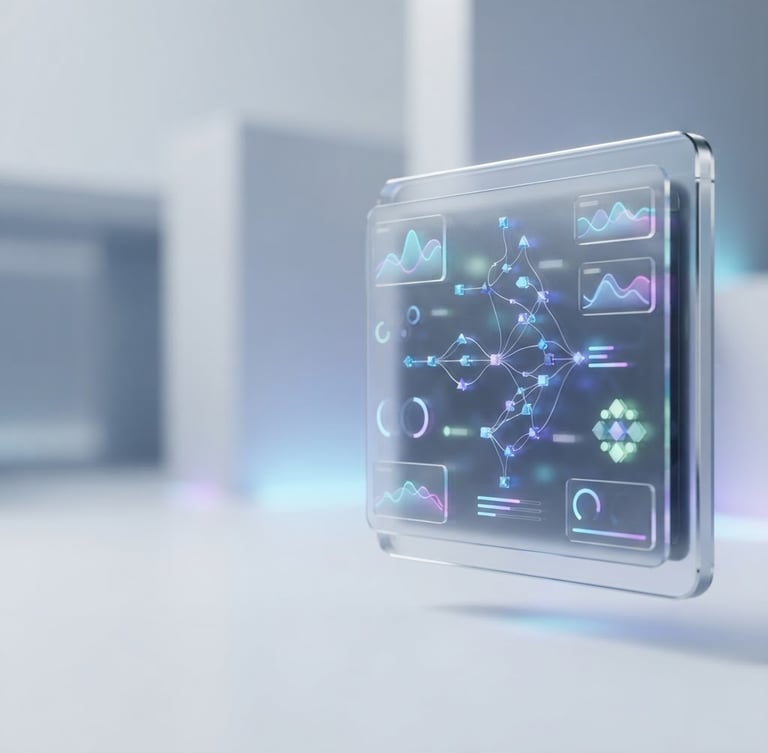 Modern floating glassmorphism dashboard preview displaying AI workflow orchestration analytics, bright studio lighting with subtle blue and violet ambient glows, clean high-tech product photography, 50mm lens, right third composition