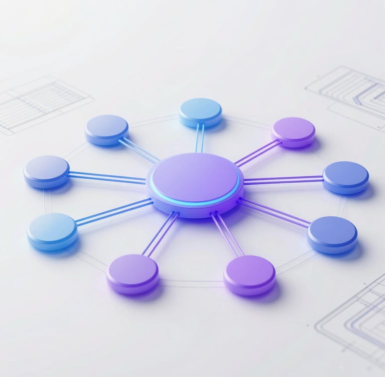 High-tech abstract architectural blueprint of an AI agent workflow, nodes connected by lines, subtle blue and violet glows, clean studio lighting, 50mm, high contrast.