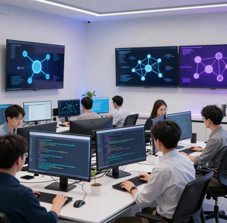 Modern, daylight-filled collaborative AI research lab, developers analyzing code on high-resolution screens, abstract node-based network diagrams on large monitors, clean high-tech product photography, bright studio lighting with soft blue and violet ambient glows, 50mm.