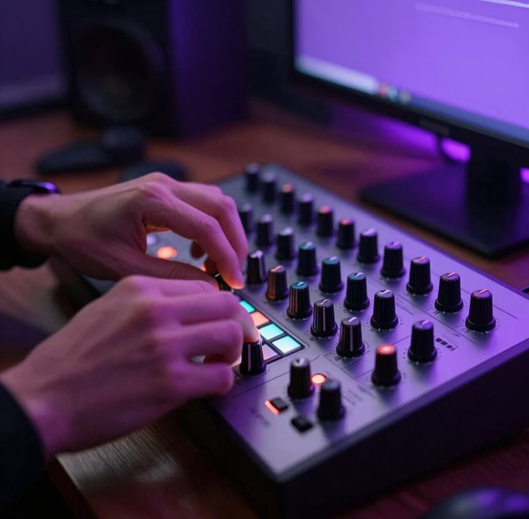 Tight close-up of hands tweaking knobs on a MIDI controller in a dark studio, illuminated by sharp neon purple monitor glow.