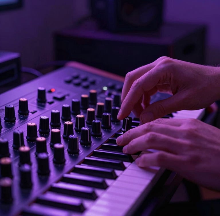 Tight close-up of hands tweaking a hardware synthesizer knob in a dark bedroom studio, glowing neon purple ambient light reflecting off the metallic surface, moody shadow.