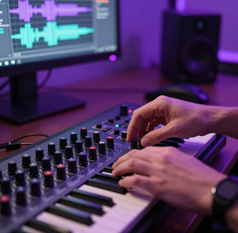Close-up of hands tweaking knobs on a MIDI keyboard controller in a dark studio, illuminated by a sharp neon purple ambient glow from a computer monitor showing FL Studio waveforms.