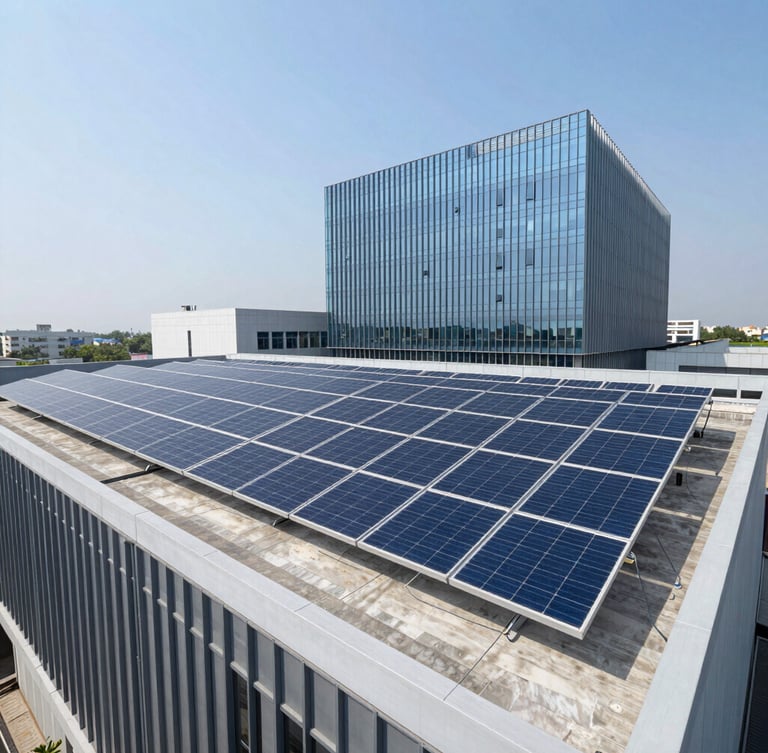 Wide environmental shot of a modern, pristine commercial solar array installed on a corporate rooftop in Dhaka under clean, bright daylight.