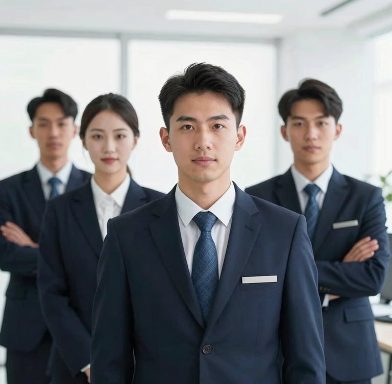 Professional team member in operational attire, looking forward with confidence, against a backdrop of a secure office environment. Bright daylight, cool tones, portrait aspect, sharp corporate photography. No text.