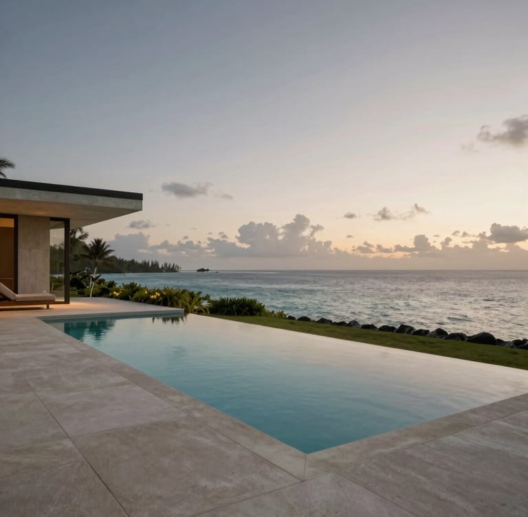 Wide architectural study of a minimalist concrete villa pool deck at twilight, overlooking a calm ocean in Bora Bora, warm soft lighting, generous negative space