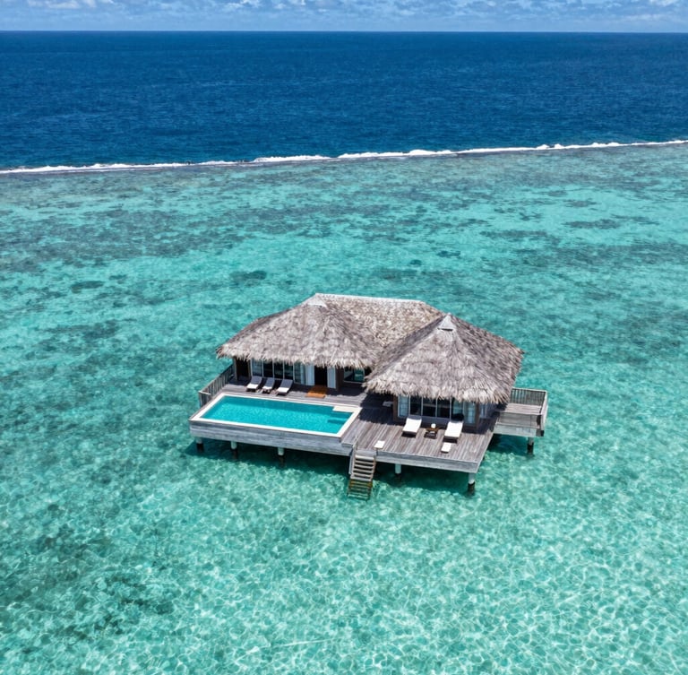 Wide aerial view of a single luxury villa on a private wooden deck over turquoise water in Bora Bora, sharp midday sun, endless deep blue ocean in the background, no people.
