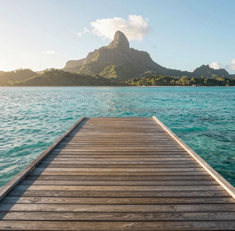Wide environmental shot of a single empty wooden deck over crystal clear turquoise water in Bora Bora, soft morning light, distant volcanic peak, minimalist composition.