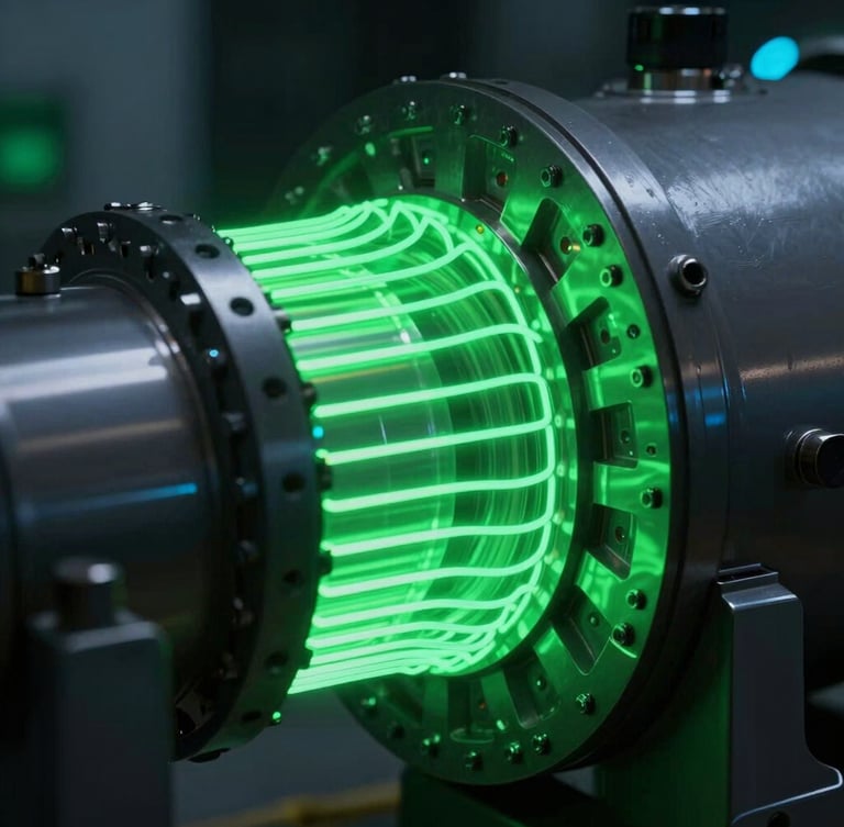 Extreme close-up of a high-tech wind turbine gearbox, glowing neon green telemetry lines overlaid on dark steel, low-key dramatic lighting, 35mm lens