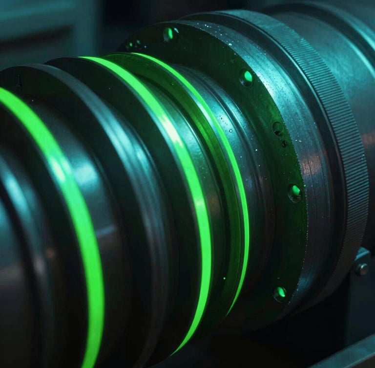 Extreme close-up macro shot of industrial turbine components, glowing neon green and cyber cyan accents, low-key dramatic lighting, high-contrast