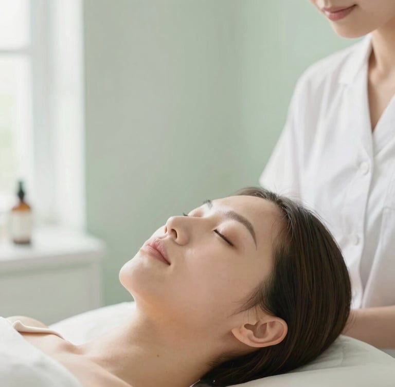 Serene minimalist portrait of a skincare therapist in a bright, sun-drenched Florida studio, soft sage green accents, morning light, macro depth of field.