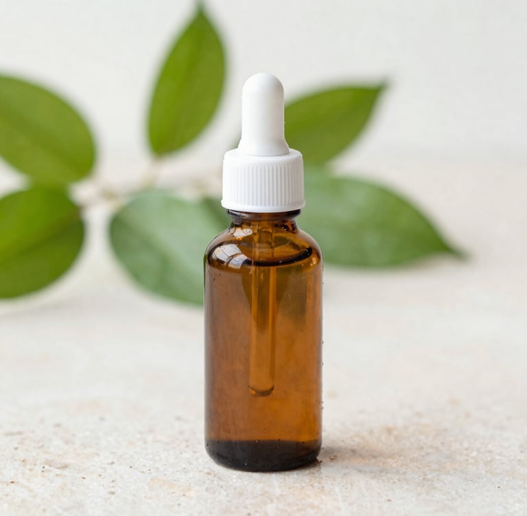 Minimalist amber glass bottle on a wet stone surface, soft diffused morning light, fresh green botanical leaves in background, macro depth of field