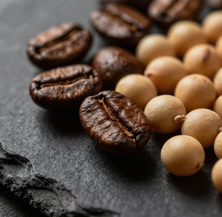 Extreme macro close-up of premium raw coffee beans and soy grains resting on a dark slate surface, dramatic side lighting, high contrast