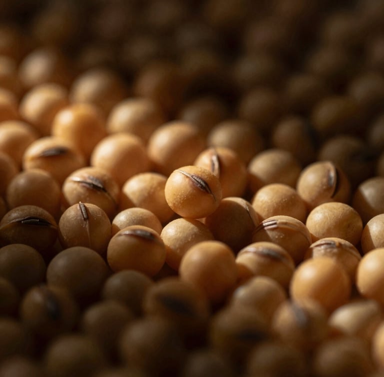 Extreme macro close-up of golden soy grains, dramatic golden hour side-lighting, deep desaturated corporate tones, high contrast, shallow depth of field.