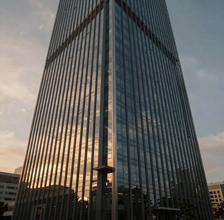 A high-altitude, wide-angle cinematic shot of a modern glass skyscraper reflecting a dramatic golden hour sky, clean architectural lines, sophisticated corporate atmosphere.