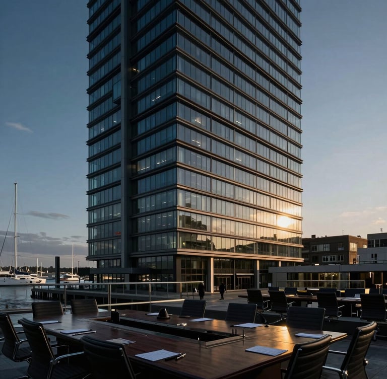 Executive boardroom overlooking a modern high-rise harbor, dramatic evening light, deep corporate blue tones, 35mm architectural lens.