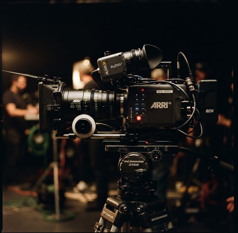 Cinematic film photography, dramatic low-key lighting, anamorphic lens close-up of a high-end cinema camera on a professional commercial studio set, rich moody tones, shallow depth of field