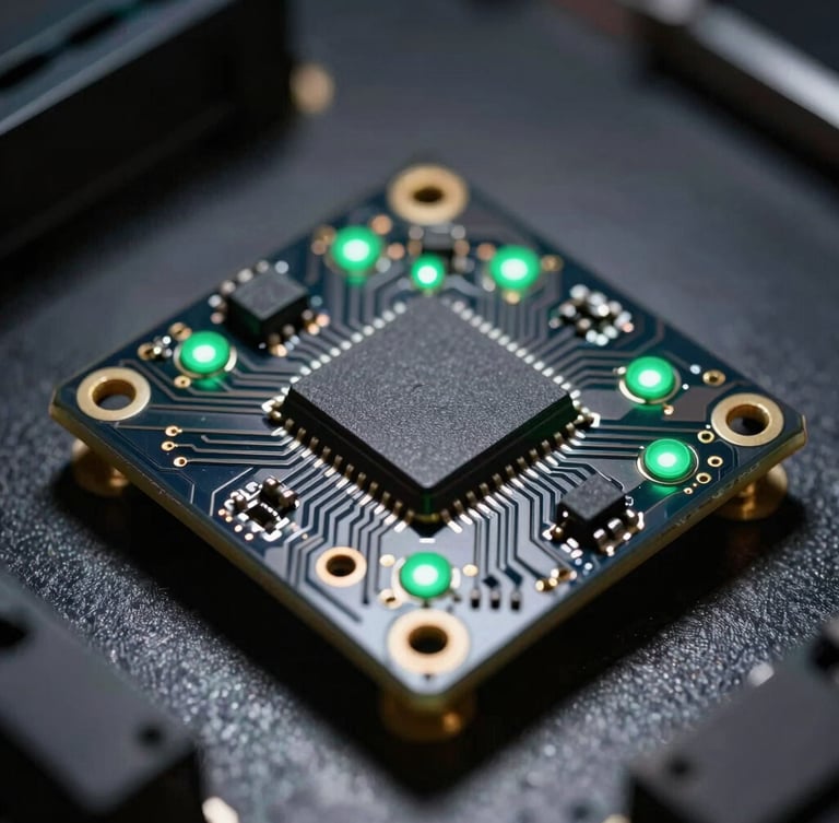Macro shot of a custom circuit board with clean soldering joints, glowing green status LEDs, dark metallic background, high-contrast directional light.