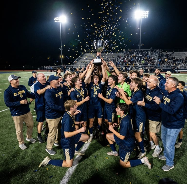 Dynamic low-angle shot of St. Joseph Boys Soccer alumni and current players celebrating on the field after a match, championship trophy visible, stadium floodlights, deep navy and gold tones, sharp focus, wide shot.