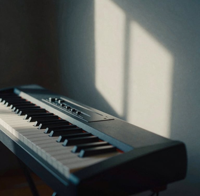 Low-key cinematic close-up of a minimalist music production studio, a keyboard instrument in the foreground, soft natural window light casting long shadows, 35mm film grain.