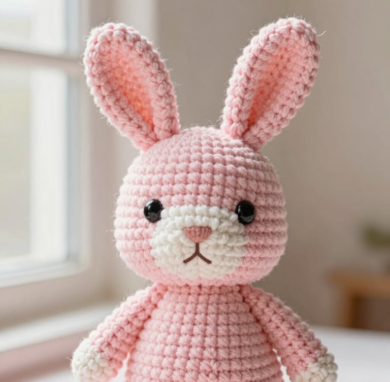 Close-up of a premium hand-crocheted pastel pink bunny amigurumi, showing detailed stitch texture, soft natural window light, shallow depth of field, warm cream background