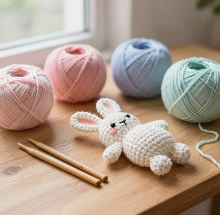 A cozy wooden table with colorful pastel yarn skeins, a half-finished crochet rabbit, and vintage wooden crochet hooks, bathed in soft afternoon light