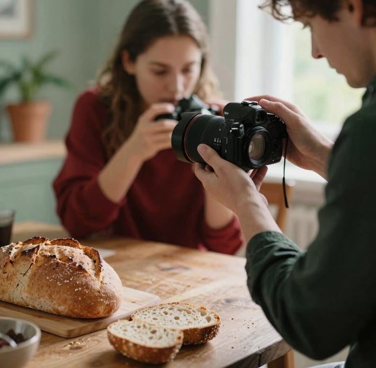 Behind-the-scenes shot of a photographer adjusting a camera lens over a rustic table set with fresh bread, soft natural Scandinavian daylight