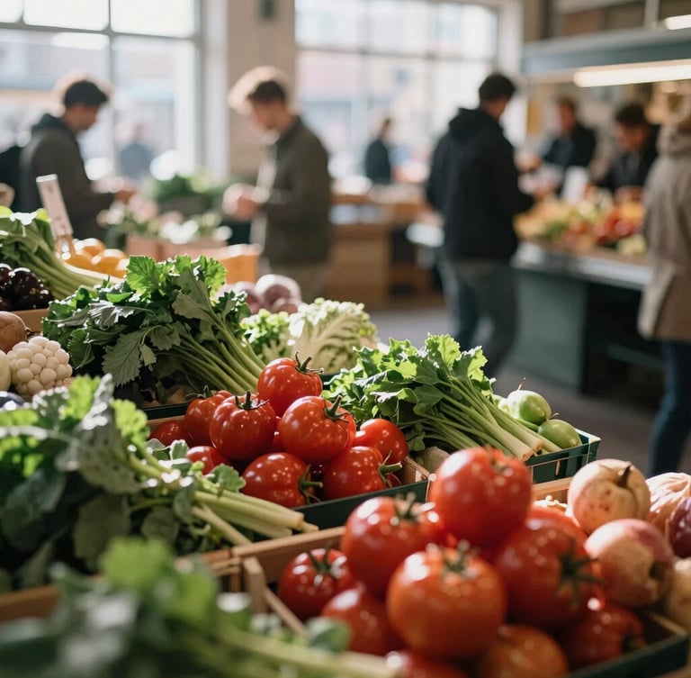 A high-angle, warm editorial shot of a bustling artisanal food market aisle, soft natural daylight streaming through high windows, rich crimson and forest green organic produce displays in the foreground, shallow depth of field, 35mm.