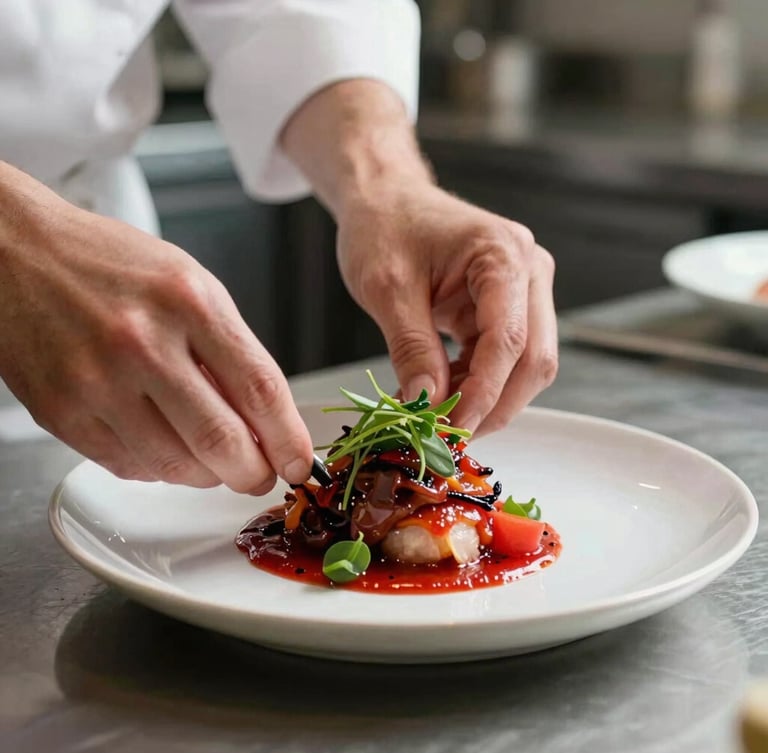 Close-up of chef hands plating a vibrant dish in a kitchen flooded with soft Scandinavian daylight, rich crimson tones, shallow depth of field, 35mm.