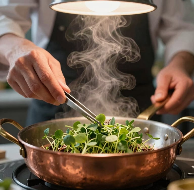 Close-up of steam rising from a copper pan, chef's hands plating microgreens with tweezers, warm overhead kitchen glow, shallow depth of field, 35mm