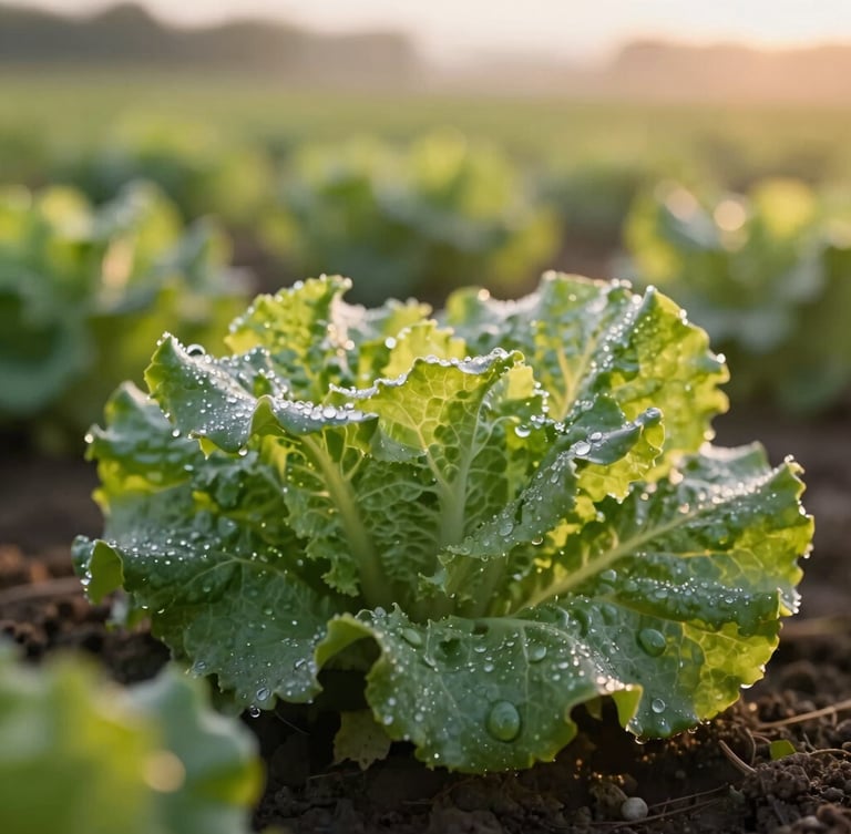 Close-up of dew-covered green lettuce leaves in a field at sunrise, soft natural light, shallow depth of field, 35mm warm editorial photography.